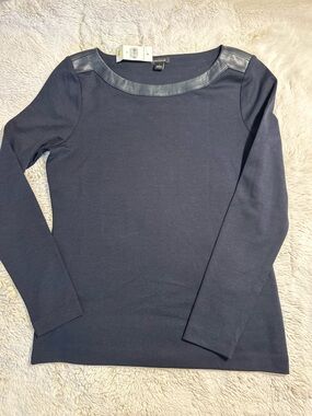 Ann Taylor Navy Long Sleeve Top with Faux Leather Trim - Small